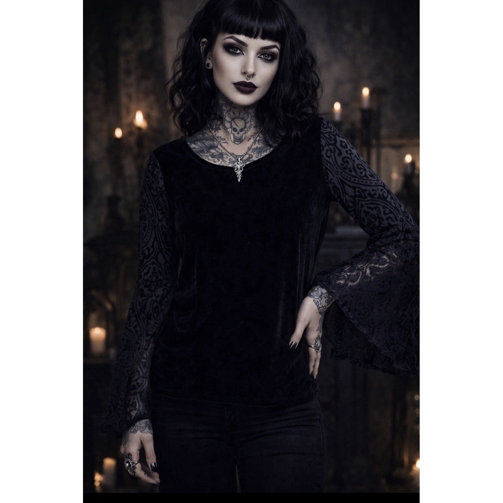 Y2K Velvet Bell Lace Sleeve Top Womens L Whimsigoth Goblincore Fairy Goth Lace
